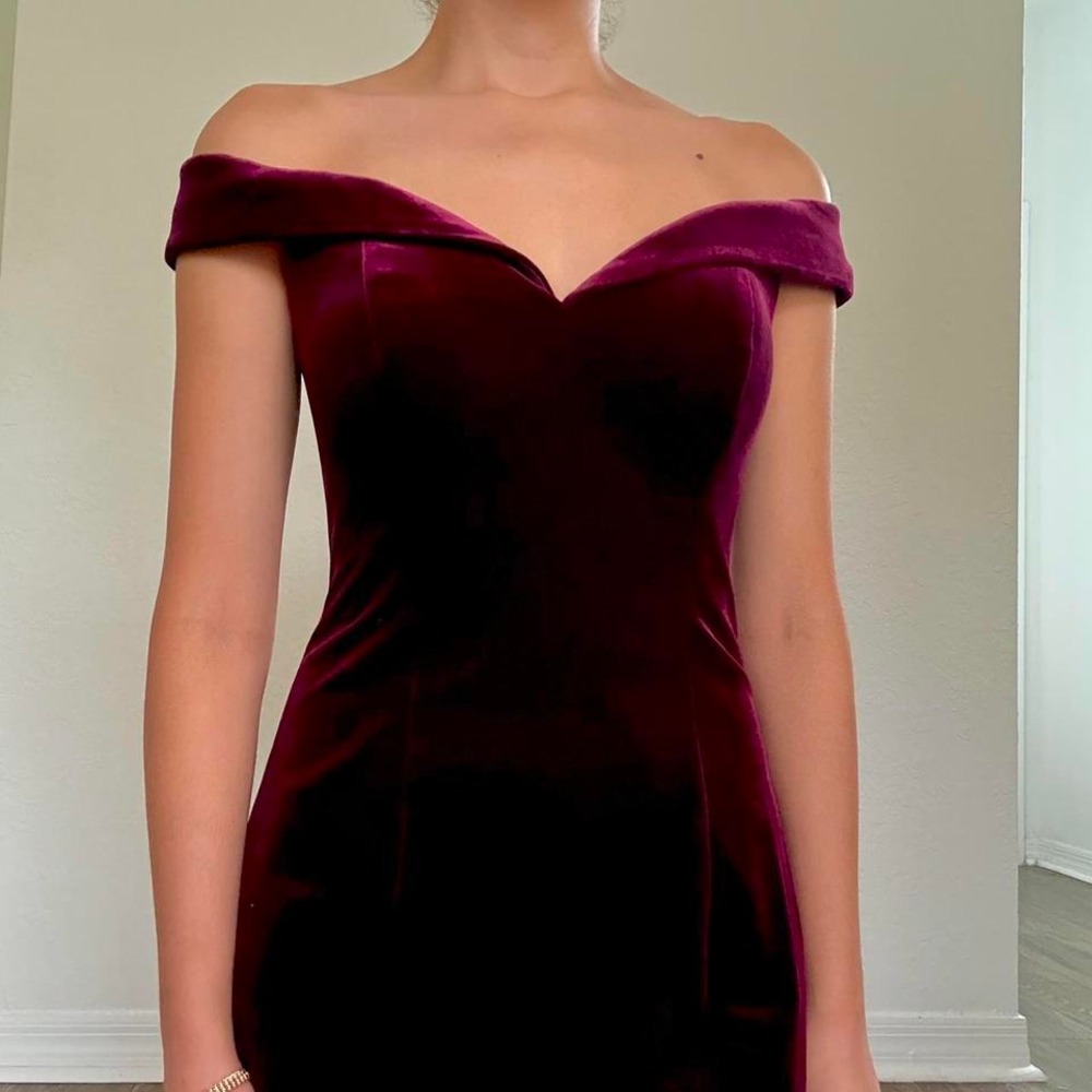 2000s Jovani Off‑the‑Shoulder Plum Velvet Maxi Dress with Slit